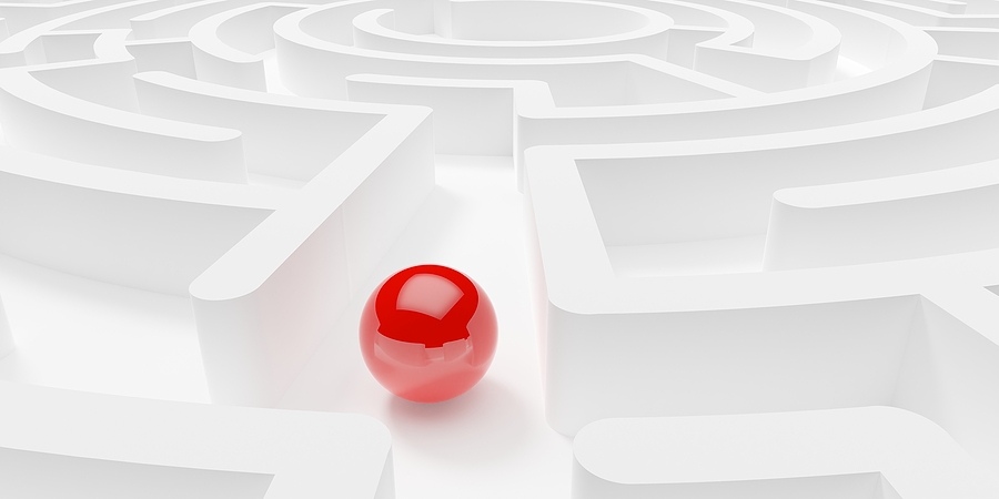 Red Sphere Or Ball In White Maze Or Labyrinth Over White Backgro