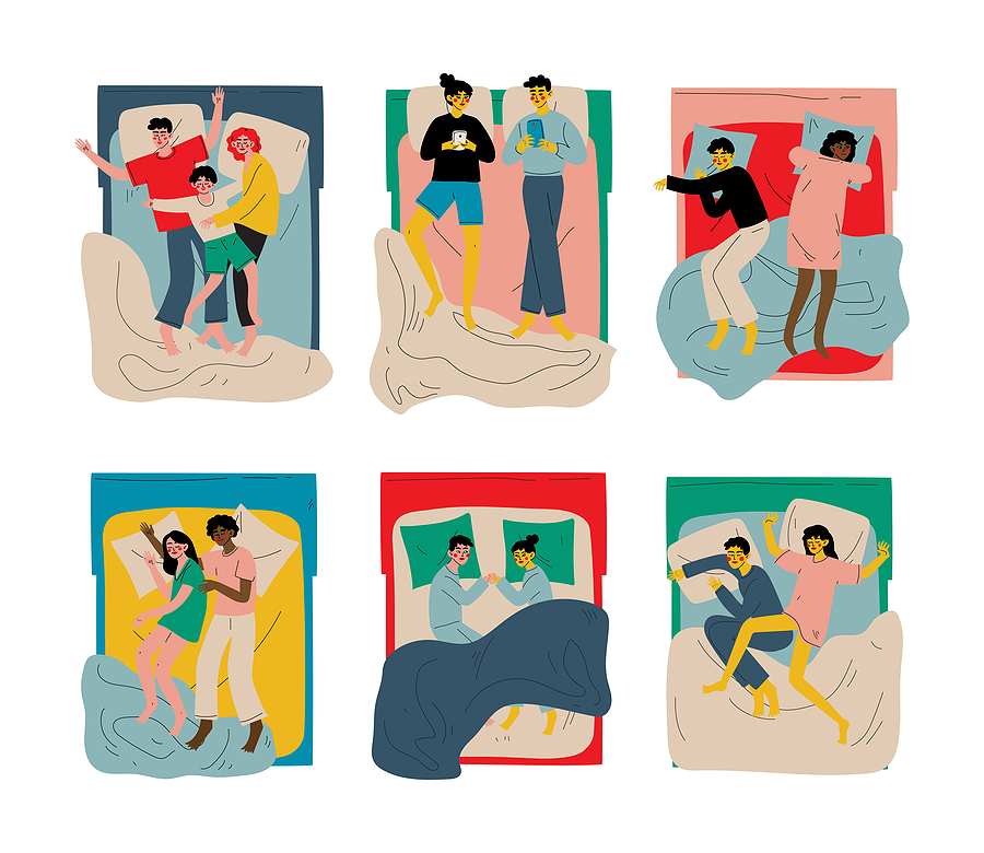 Set Of Different People Sleeping And Resting In Beds. View From